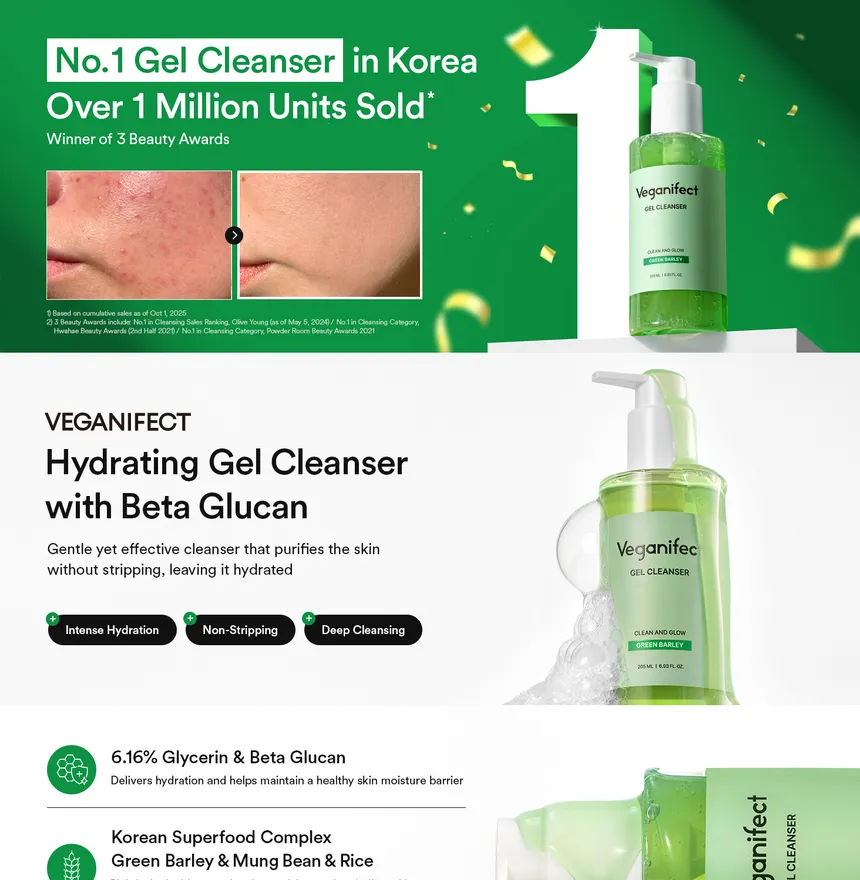 Veganifect - Clean And Glow Green Barley Gel Cleanser 205ml